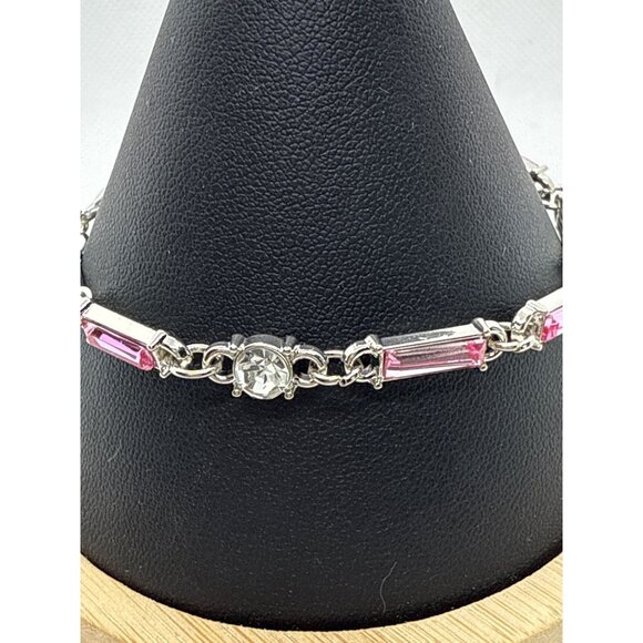 Silver & Pink Rhinestone Bracelet With Heart Charm & Lobster Clasp  Adjustable - Picture 3 of 4